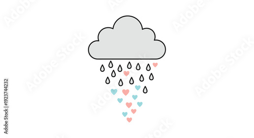 A grey cloud rains a mix of blue water drops and red heart-shaped drops on a simple white background, Generative AI.
