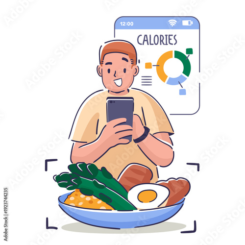 Man hand drawn character using smartphone app to count calories and manage his healthy diet