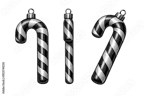 Holiday ornament candy cane, a single curved candy cane ornament object represented in front view, side view, and three-quarter angled view