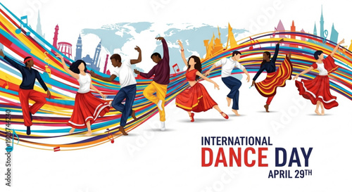 Diverse people dancing together celebrating international dance day on april 29th with colorful ribbons