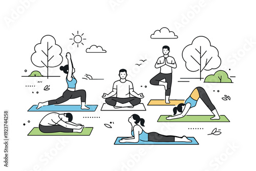 Outdoor yoga and fitness meetup. A calm editorial scene with people practicing yoga poses on mats in a park, surrounded by trees and open