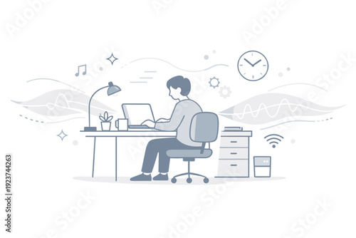 Electric hum metaphors. Person working late in a softly lit room, surrounded by subtle glow and abstract wave lines. Ambient hum of machines and quiet digital