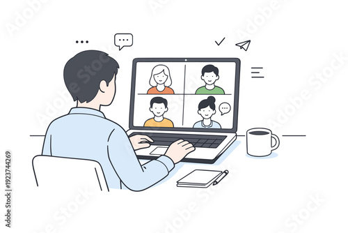 Online meeting on laptop. A person sitting at a desk attending a video call on a laptop with simple profile windows on screen. Calm