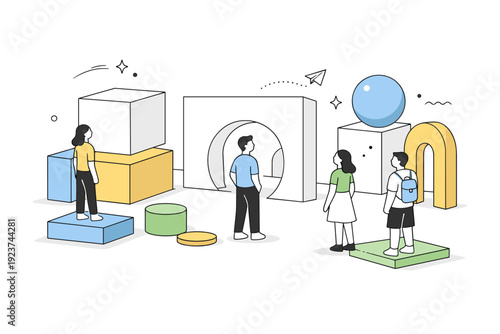 Humans inside geometric environments. Simplified people standing within a space made of cubes, circles, and clean architectural shapes, calmly exploring the