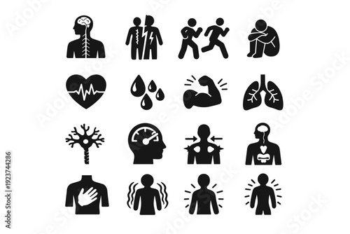 Trauma Response Icons. Neuropsychology of trauma and PTSD. Solid icon set of Neuropsychology of trauma and PTSD: nervous system, autonomic nerves, fight or