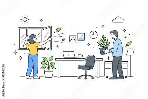 sustainable office air quality. A staff member opening windows or placing plants around the office for natural ventilation, small abstract leaves and stars