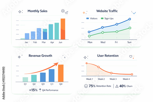 Modern data charts. Simple bar charts and line graphs displayed on clean cards. Sense of clarity and structured insights, professional and friendly analytics