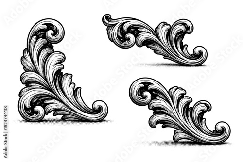 Ornamental corner flourish object shown in three views including front view, side view, and three-quarter view with curved geometry and