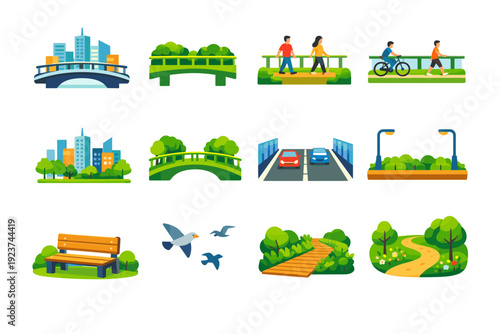 Urban nature bridges. Colorful flat vector icons set of Urban nature bridges: city bridge, planted bushes, walking people, cyclists, skyline buildings, green