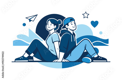 Supportive friendship bond. Two friends sit calmly back to back, balanced despite shifting