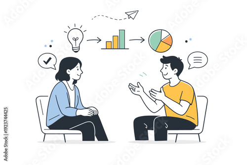 One-on-one coaching session. Coach listening attentively while the person explains ideas with simple charts and arrows between
