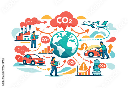 Carbon footprint visualization. Factories, cars, and planes contribute to a network of