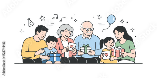 Happy multi-generational family celebrating a special occasion with gifts and cards