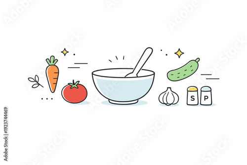 Cooking at home. Abstract minimalist background inspired by ???????? ?????, with icons like spoon, bowl, and vegetables floating softly. Calm