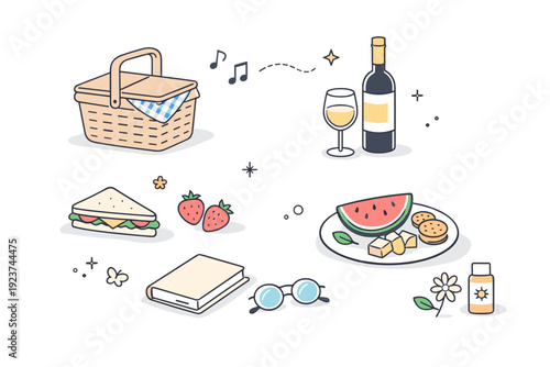 Minimal spring picnic flat lay. A small selection of picnic items spaced with plenty of white space, emphasizing clarity and design. The mood is modern, calm,