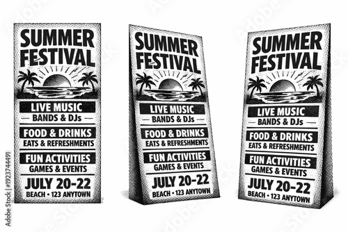 Summer festival flyer. A tall summer festival flyer featuring large title text and segmented event details is shown from three different angles: front view,