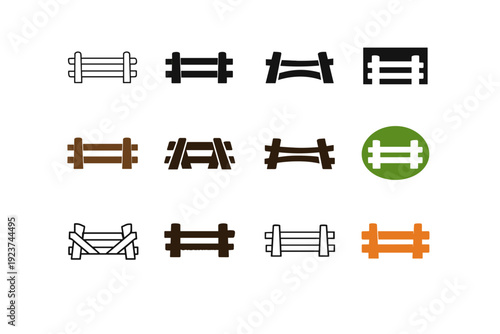 Wooden Fence. Icon set. Set Logo of Wooden Fence: Split rail fence. harmonious logo variations of the same emblematic concept (Minimal