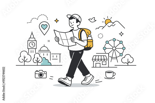 Exploring nearby attractions. A person walking with a map and backpack in a familiar city setting. The illustration highlights curiosity,
