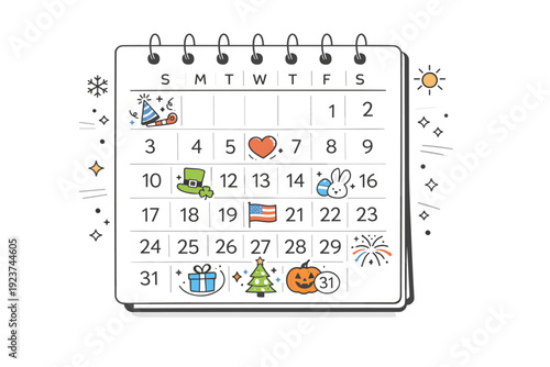 Holidays and celebrations. A calendar page marked with festive symbols and dates. Anticipation and rhythm of the year shown through clean