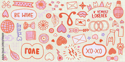 Colorful doodle collection featuring hearts flowers and various whimsical objects