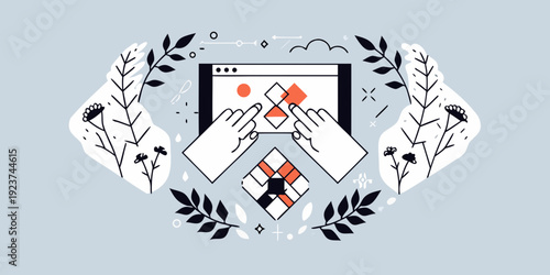 Hands interacting with a mobile device framed by floral botanical elements