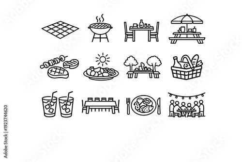 Outdoor Feast. Line icon set of Outdoor Feast: picnic blanket, barbecue grill, outdoor dining table, food under umbrella, grilled meat,