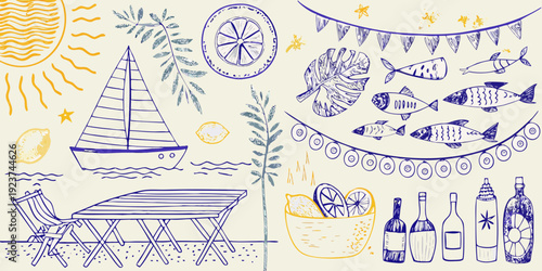 A whimsical summer scene with nautical and citrus themed hand drawn illustrations