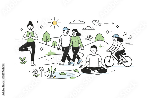 Spring wellness holiday illustration. A calm editorial scene with people enjoying fresh air, gentle movement, and nature awakening around