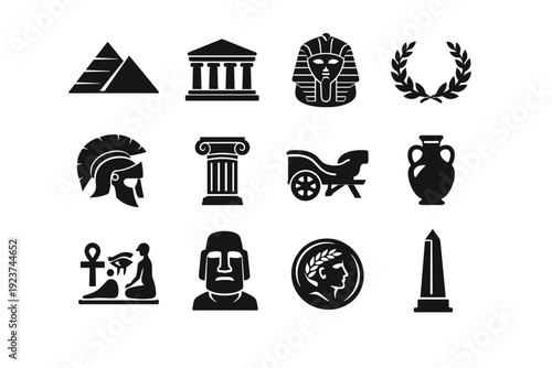 Ancient History. Solid icon set of Ancient History: pyramid, ancient temple, pharaoh mask, laurel wreath, roman helmet, greek column,
