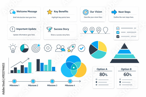 Pitch deck assets. Message cards, visual indicators, icons, and simple graphs arranged to suggest modular slide building. Modern and focused