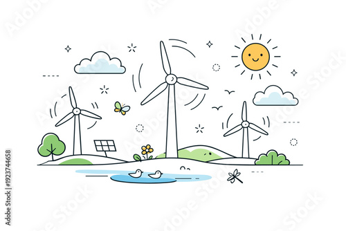 Clean energy concepts. Wind turbines rotate slowly on a simplified landscape with clouds and sun. Peaceful scene showing harmony between technology and nature.