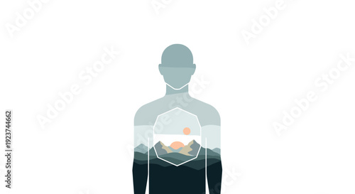 A translucent human body silhouette containing an abstract landscape with mountains and a setting sun within its chest, Generative AI.