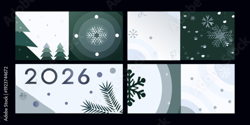 Festive winter patterns and the year 2026 in a divided composition