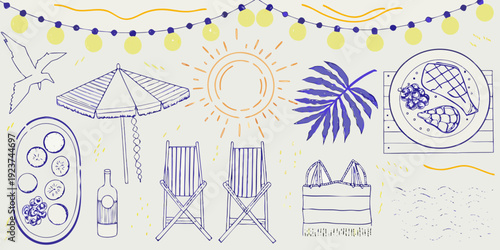Summer doodles featuring beach items sun and relaxing vacation elements