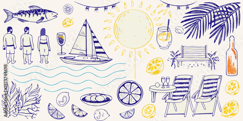 A playful illustration depicting a vibrant summer vacation scene
