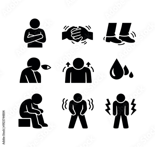 Nervous body language signs. Filled icon set of Nervous body language signs: crossed arms,