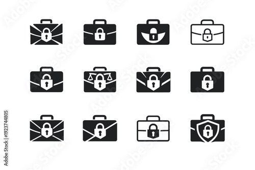 Lawyers in corporate criminal defense. Icon set. Set Logo of Lawyers in corporate criminal defense: briefcase with lock. harmonious logo