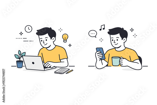 Task-focused work with leisure moments. A person alternating between typing and relaxing briefly, phone or cup in hand. Healthy work pace and