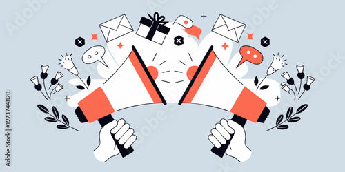 Announcing important news with megaphones letters and celebratory elements