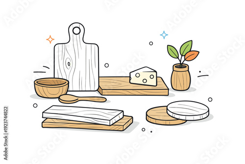 Handcrafted Wood Elements. Handcrafted wood surfaces. Simple objects and boards featuring visible grain and gentle imperfections, arranged like an editorial