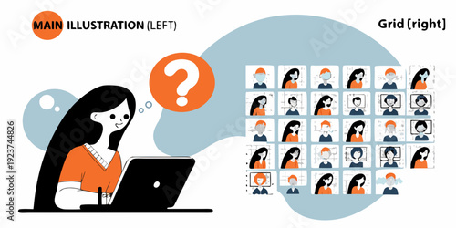 Woman using a laptop thinking about multiple faces in video call grids