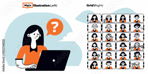 Woman using a laptop contemplates a screen filled with diverse profile pictures