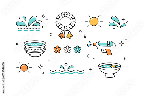 Songkran abstract symbols. A collection of minimal icons representing Songkran: water splashes, flower garlands, silver bowls, and suns,