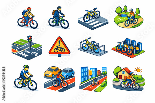 Urban Cycling. Colorful isometric vector icons set of urban cycling: city cyclist, bike commuter, bike next to crosswalk, cycling through park, bike lane