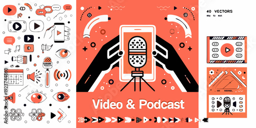 Podcast and video production elements with icons and smartphone graphic