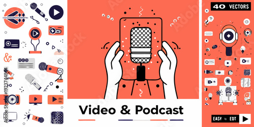 Colorful illustration of podcasting and video equipment icons and graphics