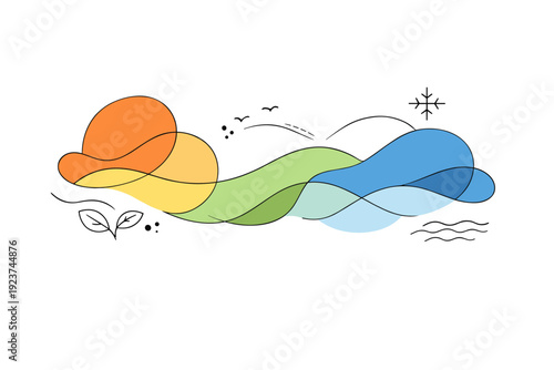 Seasonal change abstract art. Flowing abstract shapes transitioning from warm to cool tones, suggesting the passage of seasons.