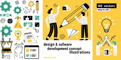 Design and software development concepts illustrated with vector graphics