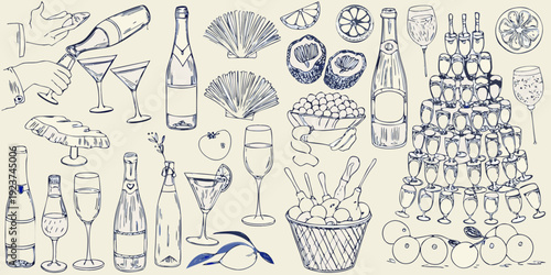 A collection of hand drawn sketches depicting champagne fruit and glassware