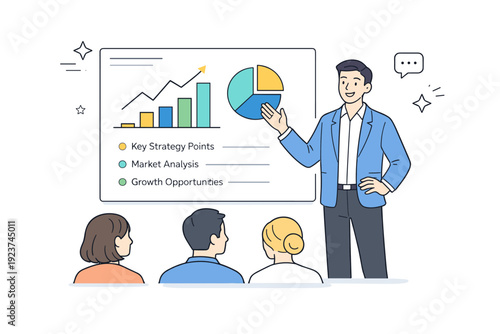 Engaging Corporate Presentation. Corporate presentation with people. A speaker gesturing toward a slide with graphs and bullet points. Clear explanation,